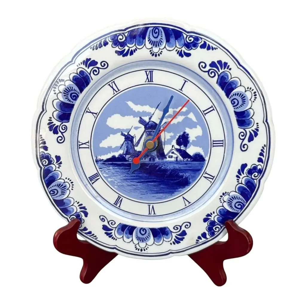 Blue Holland Windmill Ceramic Wall Clock Plate Quartz Dutch Decor 7”